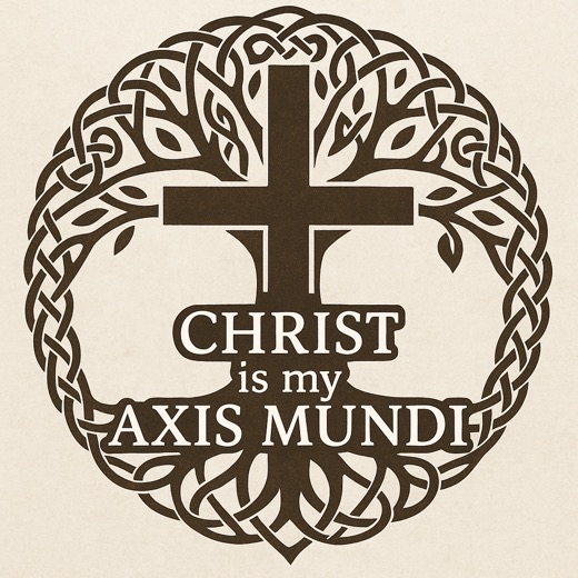Christ is my Axis Mundi emblem with cross and knotwork.