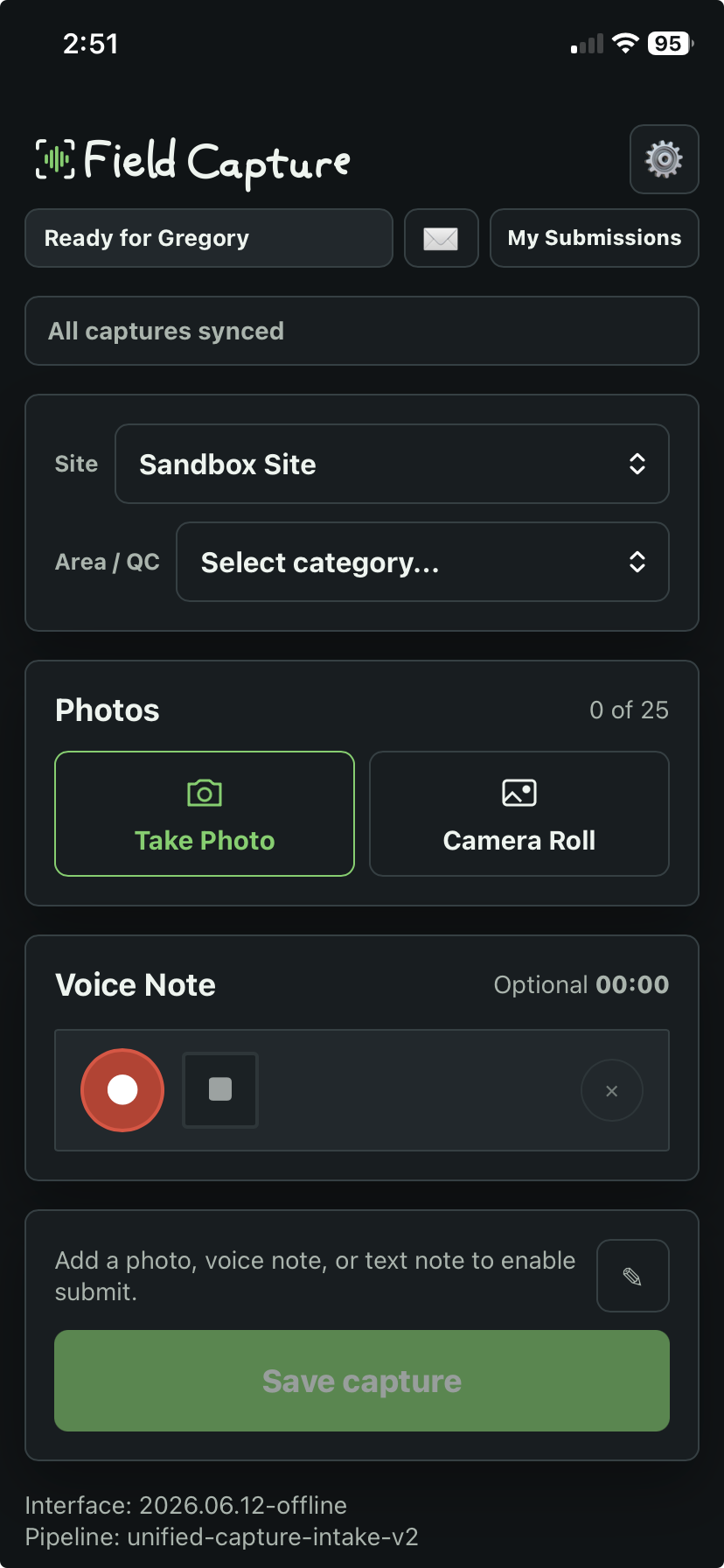 Field Capture running on an iPhone — site picker set to Sandbox Site, photo and voice-note capture controls, and a Save capture button, with all captures synced