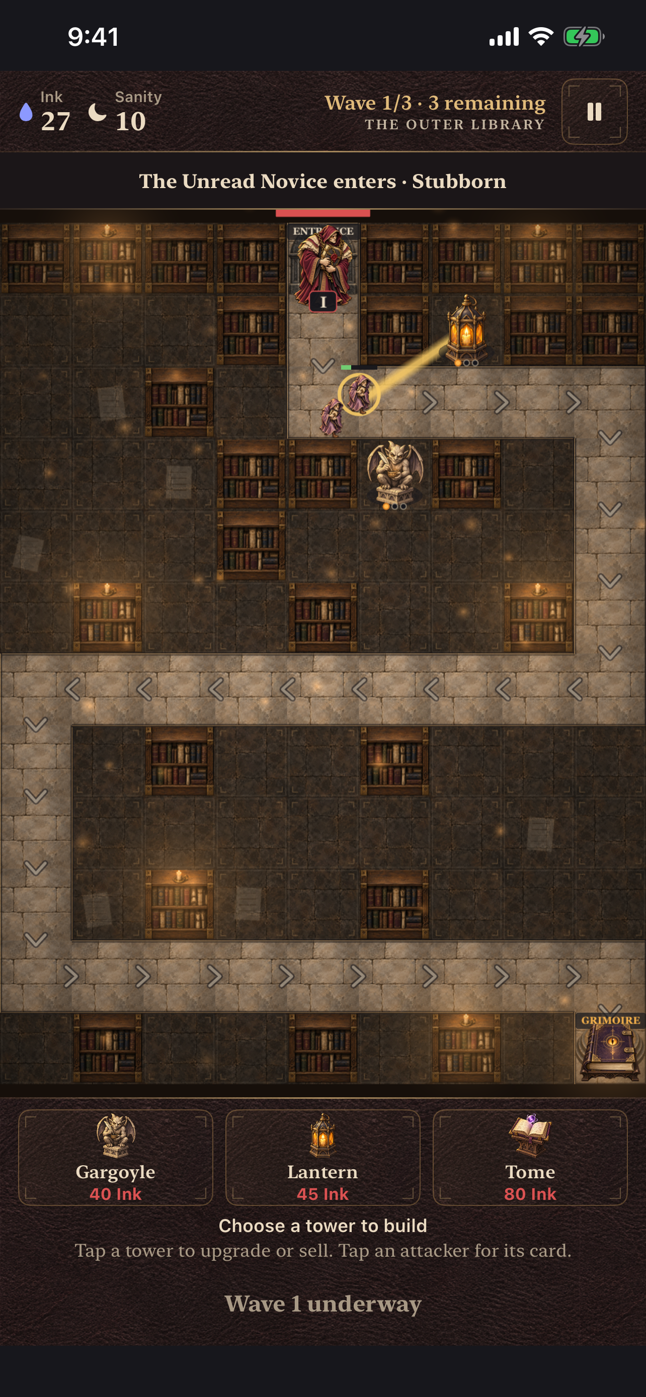 Gnosis Defense running on iPhone with guardians defending the library