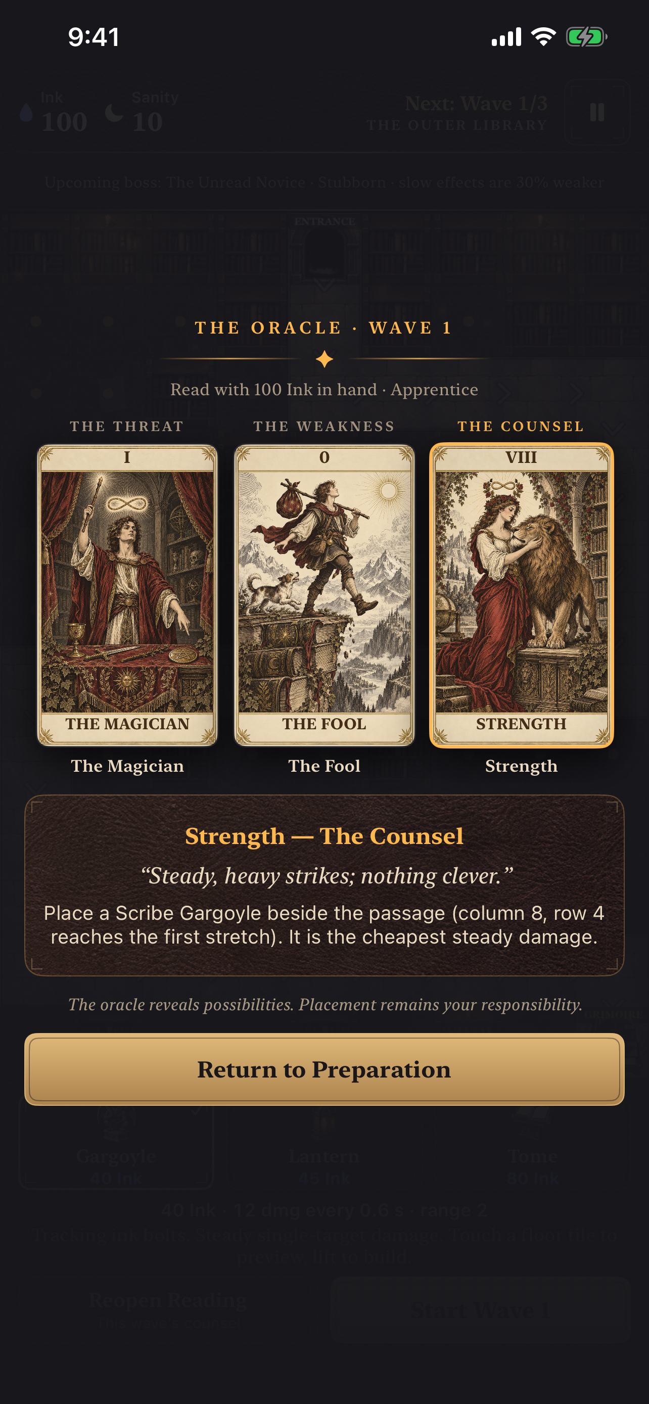 The three-card Oracle offers tactical counsel in Gnosis Defense on iPhone