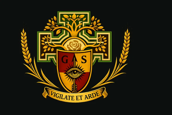 Gregory Stoltz crest with shield and the motto Vigilate et Arde.