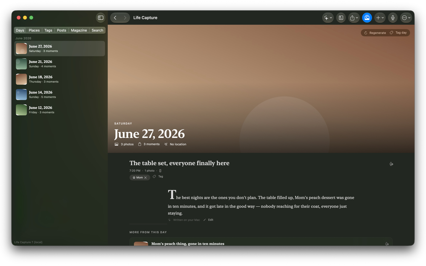 Life Capture Studio on a Mac showing the day story for Saturday, June 27, 2026 — a hero image, the title The table set, everyone finally here, and a voice-led narrative with a drop cap.