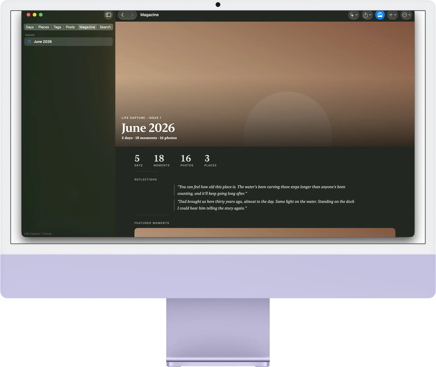 Life Capture Studio open on a purple iMac, showing the June 2026 magazine issue — a warm cover photo, the issue title, and 5 days, 18 moments, and 16 photos.