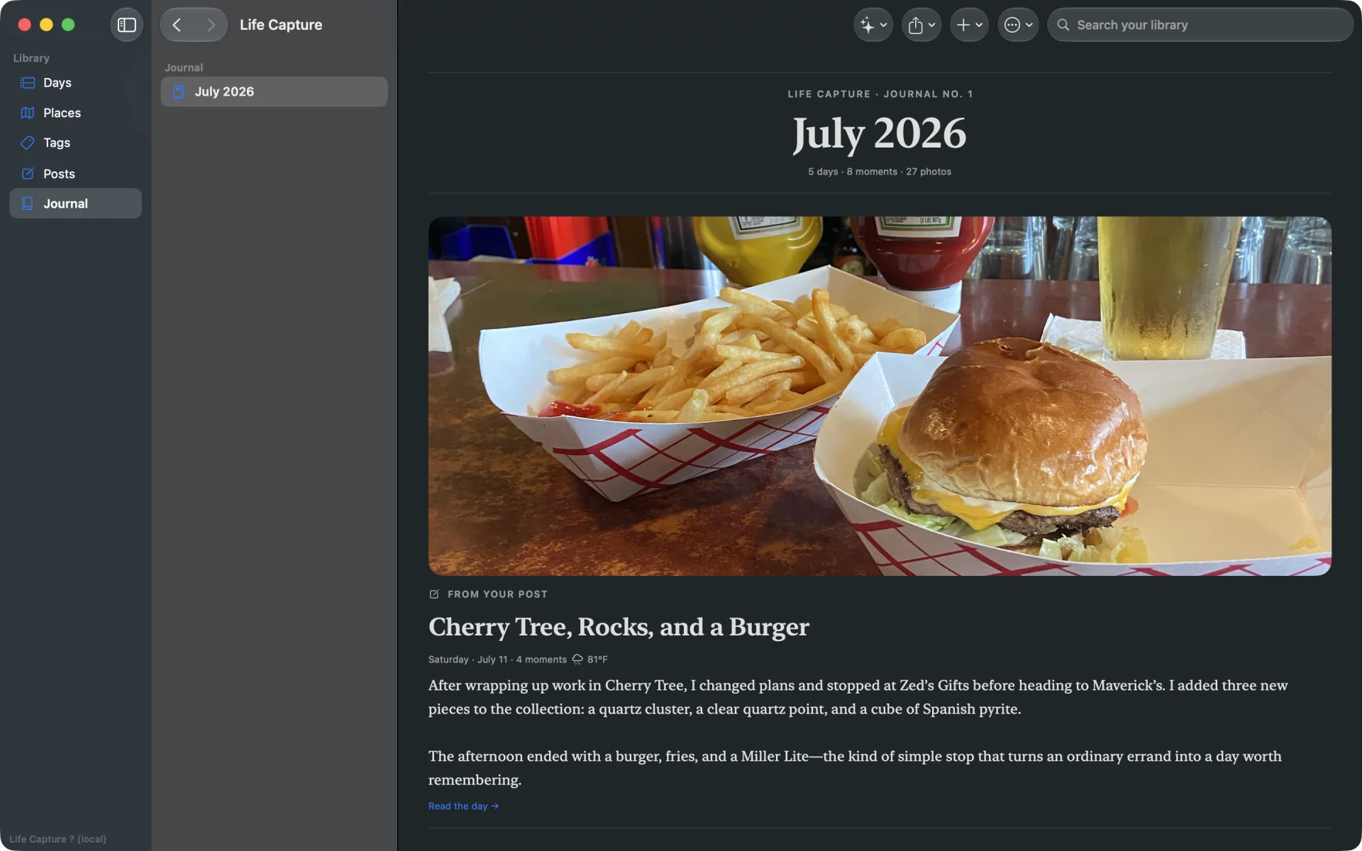 Life Capture Studio on Mac showing the July 2026 journal with a real burger-and-fries moment and its finished story.