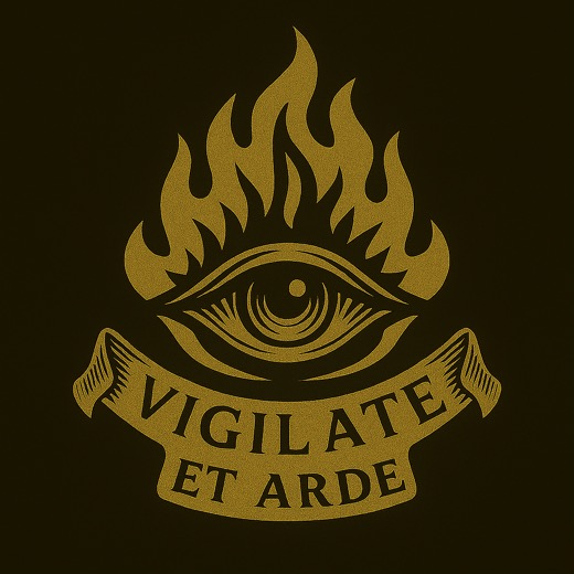 Vigilate et Arde eye and flame emblem.